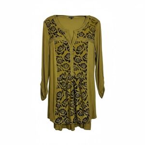 NWT Hannah Olive Green Velvet Rose Print Long Sleeve‎ Tunic Top L Velvet Burnout